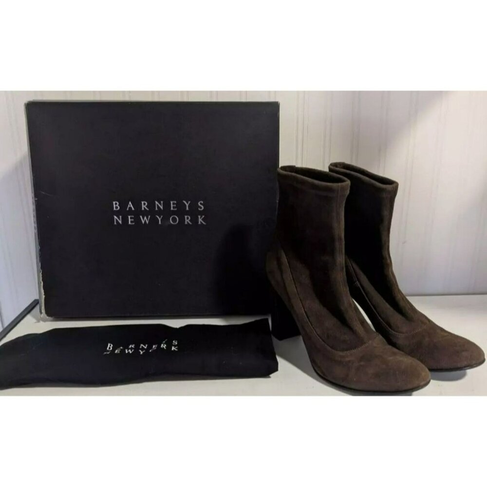 Barneys New York Brown Stretch Suede Leather Ankle Booties Boots 38.5 8 Italy